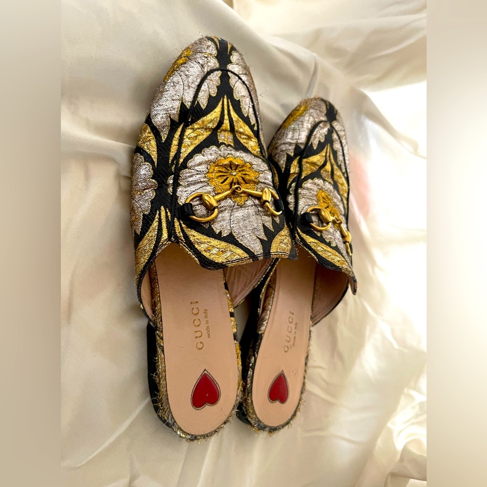 Gucci Metallic Leather Princetown Slipper Mule Size 38